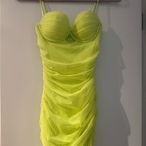 Oh Polly Yellow Green Ruched Bodycon Mini Dress